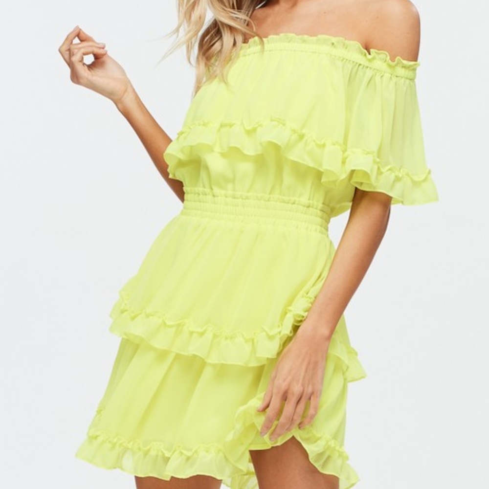 SALE! Neon Ruffled Off the Shoulder Chiffon Dress - Picture 3 of 8